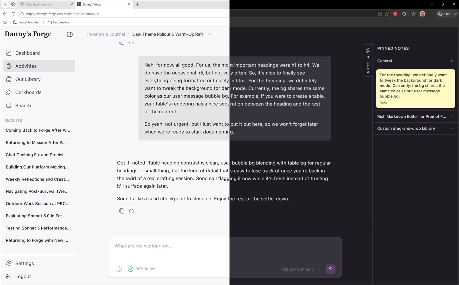 A split-view screenshot of Forge, an AI-native platform that we're currently building which is (continues to be) centered around how our mind works.