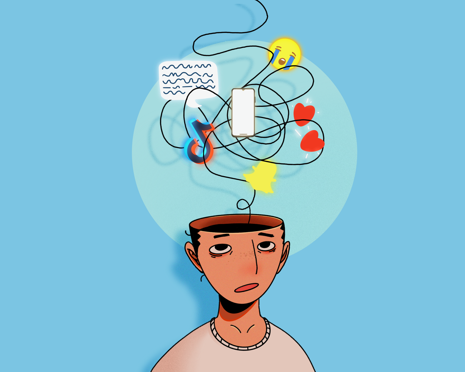An illustration showing a young man, and his mind being occupied by social media, engagements, likes.